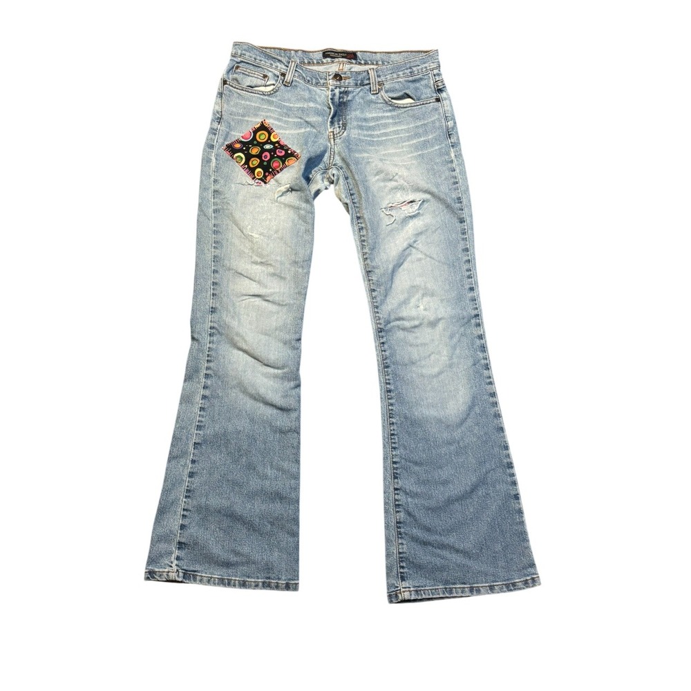 Y2k American‎ Eagle Distressed Flare Jeans with Custom Patch Sz 6 Unique playful